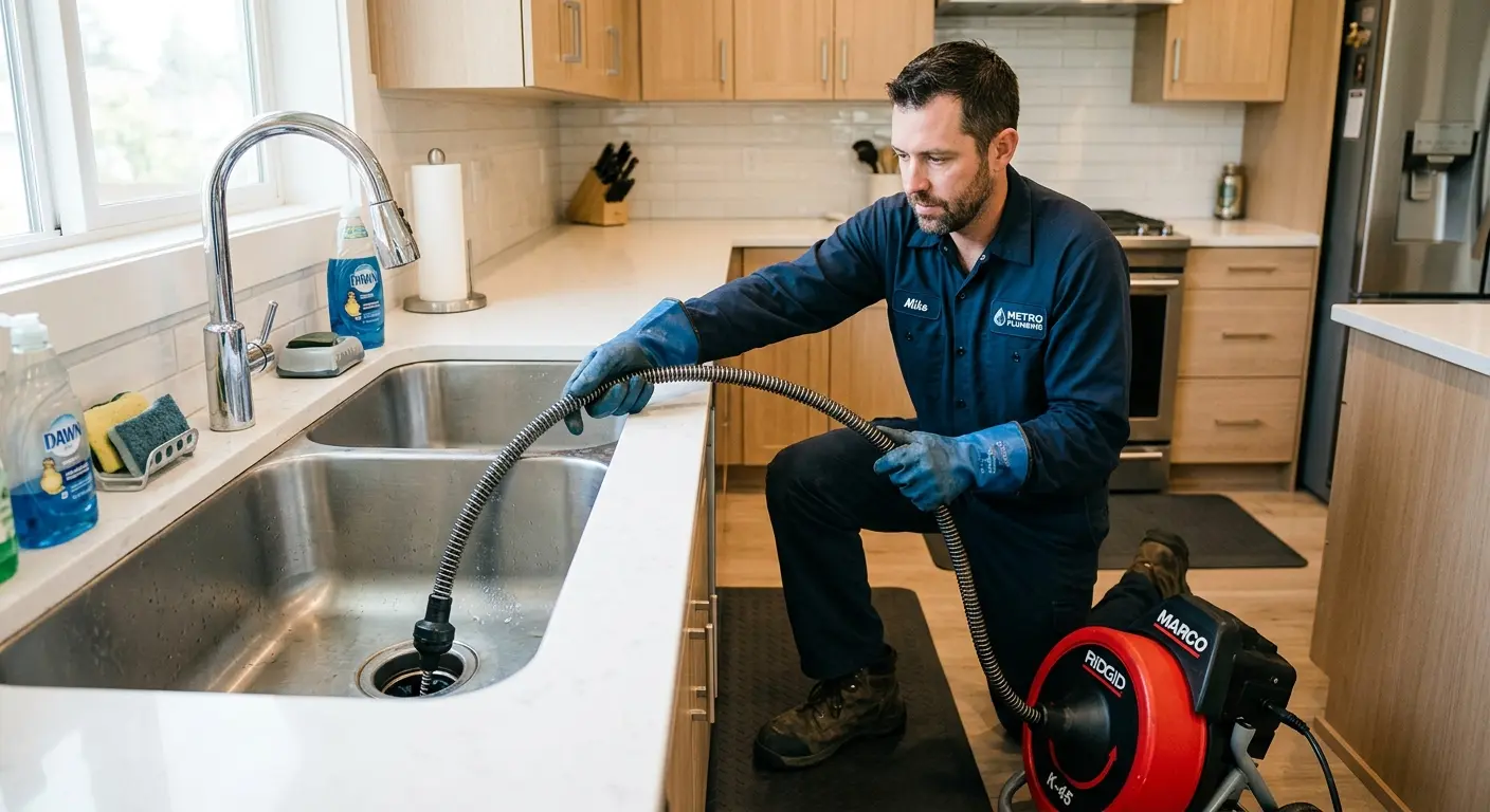 Drain cleaning technician using a motorized snake on a kitchen sink in Midvale