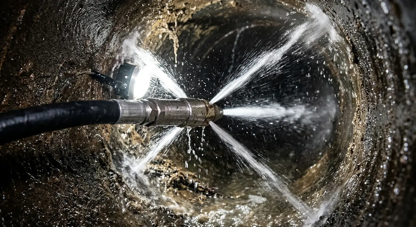 High-pressure hydro jetting nozzle cleaning sewer pipe for Emergency Drain Service in Midvale