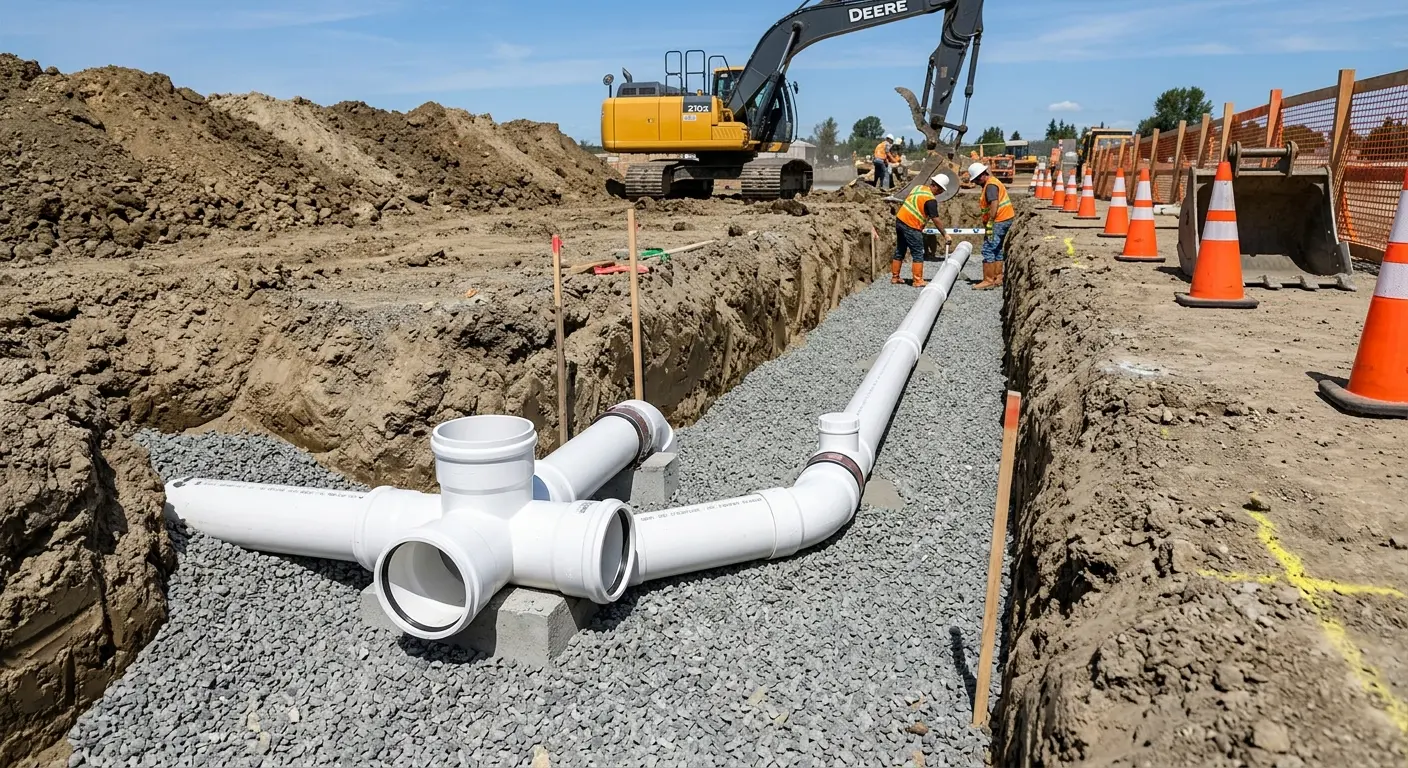 New PVC sewer pipe installation in open trench for Sewer Backup in Midvale
