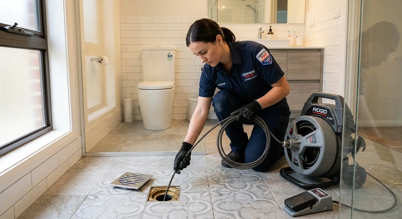 Technician clearing a bathroom floor drain for Clogged Drain Repair in Midvale